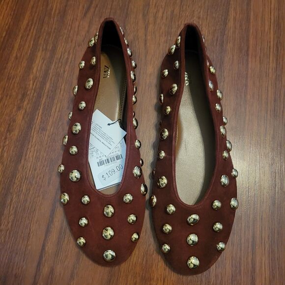 NWTs ZARA Studded Brown Leather Ballet Flats Size EUR 38 US 7.5 Classic - Picture 9 of 15